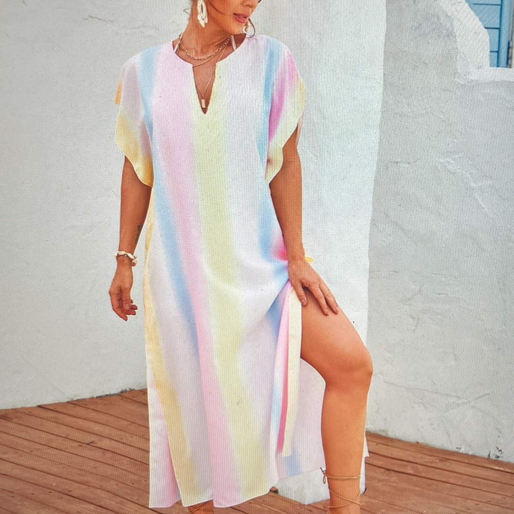 Women’s Pastel Stripe Swim Cover-Up Maxi Dress